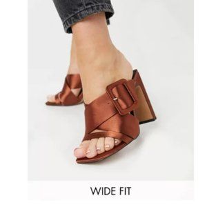 ASOS DESIGN Wide Fit Nanda buckle detail high heeled mules in rust